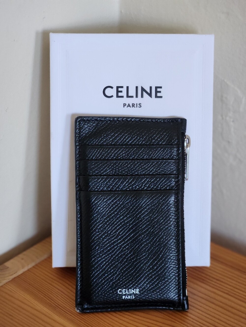 Celine Zipped Compact Card Holder In Grained Calfskin W/ Box
